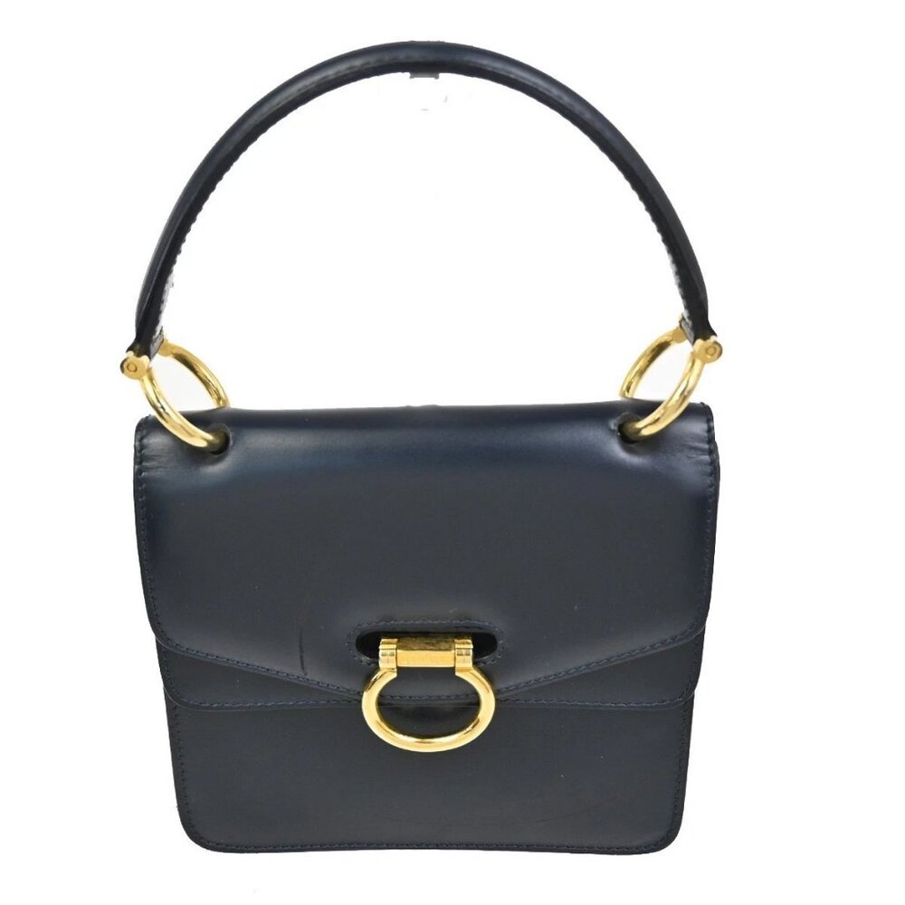 CELINE Logo Gancini Top Handle Hand Bag Leather Navy Blue Gold Italy 38TA361